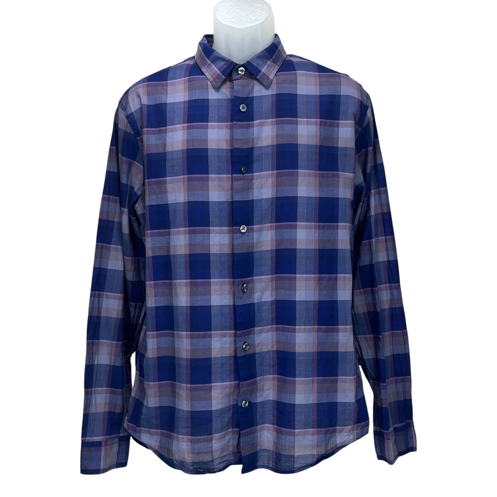 Vince Men's Large Plaid Button-Up Blue Purple 100% Cotton Long Sleeve Casual‎